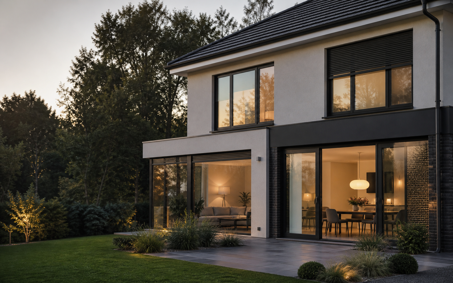 Modernes Wohnhaus mit Fenstern, Terrassentüren und Rollläden